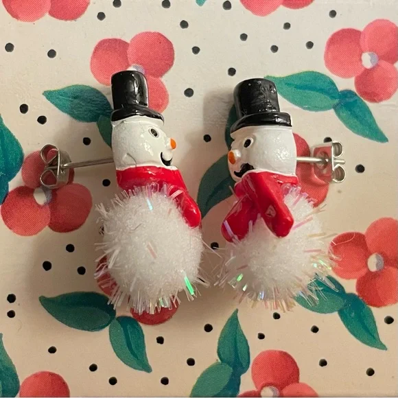Pom-pom Snowman Stud Earrings - Picture 2 of 2